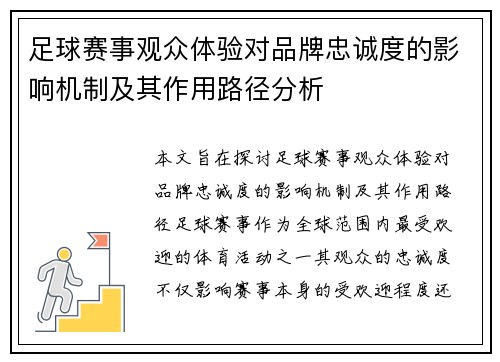 足球赛事观众体验对品牌忠诚度的影响机制及其作用路径分析