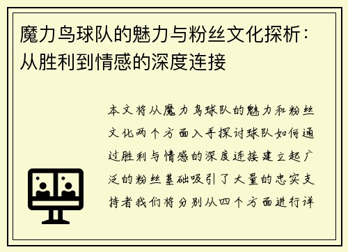 魔力鸟球队的魅力与粉丝文化探析：从胜利到情感的深度连接