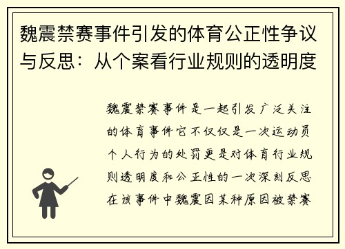 魏震禁赛事件引发的体育公正性争议与反思：从个案看行业规则的透明度与公正性